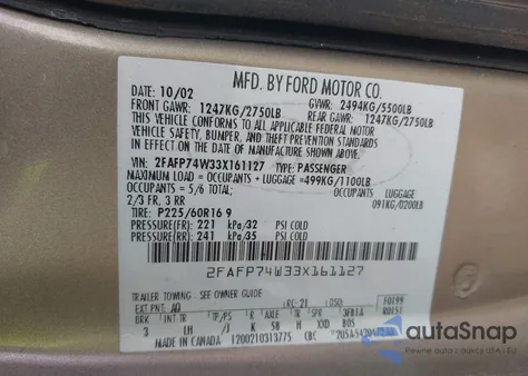 2003 Ford Crown Victoria Lx из США, поврежденный, VIN 2FAFP74W33X161127